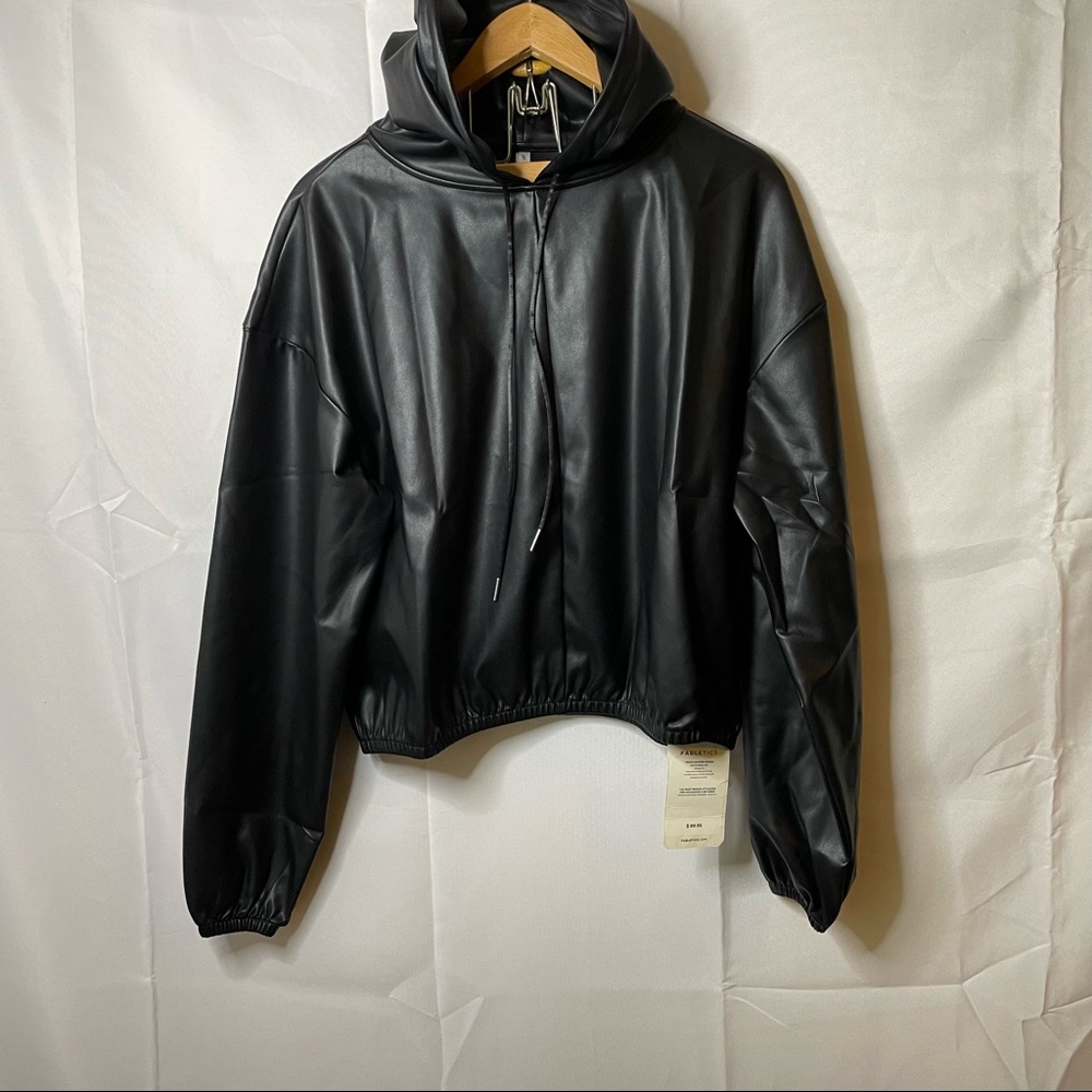 Fabletics Black Faux Leather Cropped Hoodie